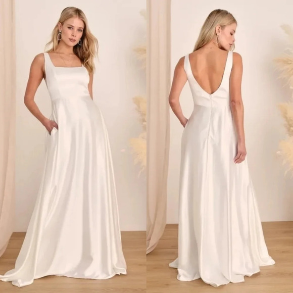 Lulu's Endless Radiance Ivory Satin Sleeveless Maxi Dress With Pockets Wedding - Picture 1 of 14